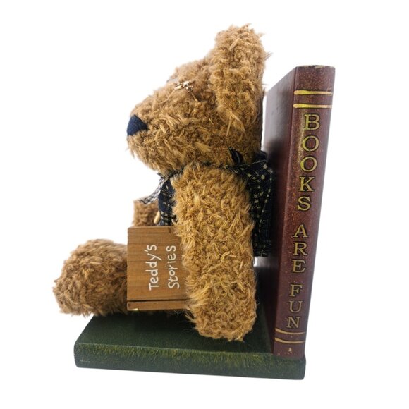 VTG Teddy Bear Bookends Plush Nursery Cottagecore Decor Wooden Base Boyds - Picture 3 of 11